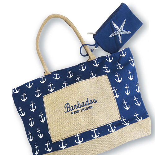 Barbados Souvenir - Navy Blue and Canvas Nautical Themed Bag with Anchors and Purse with Star Fish